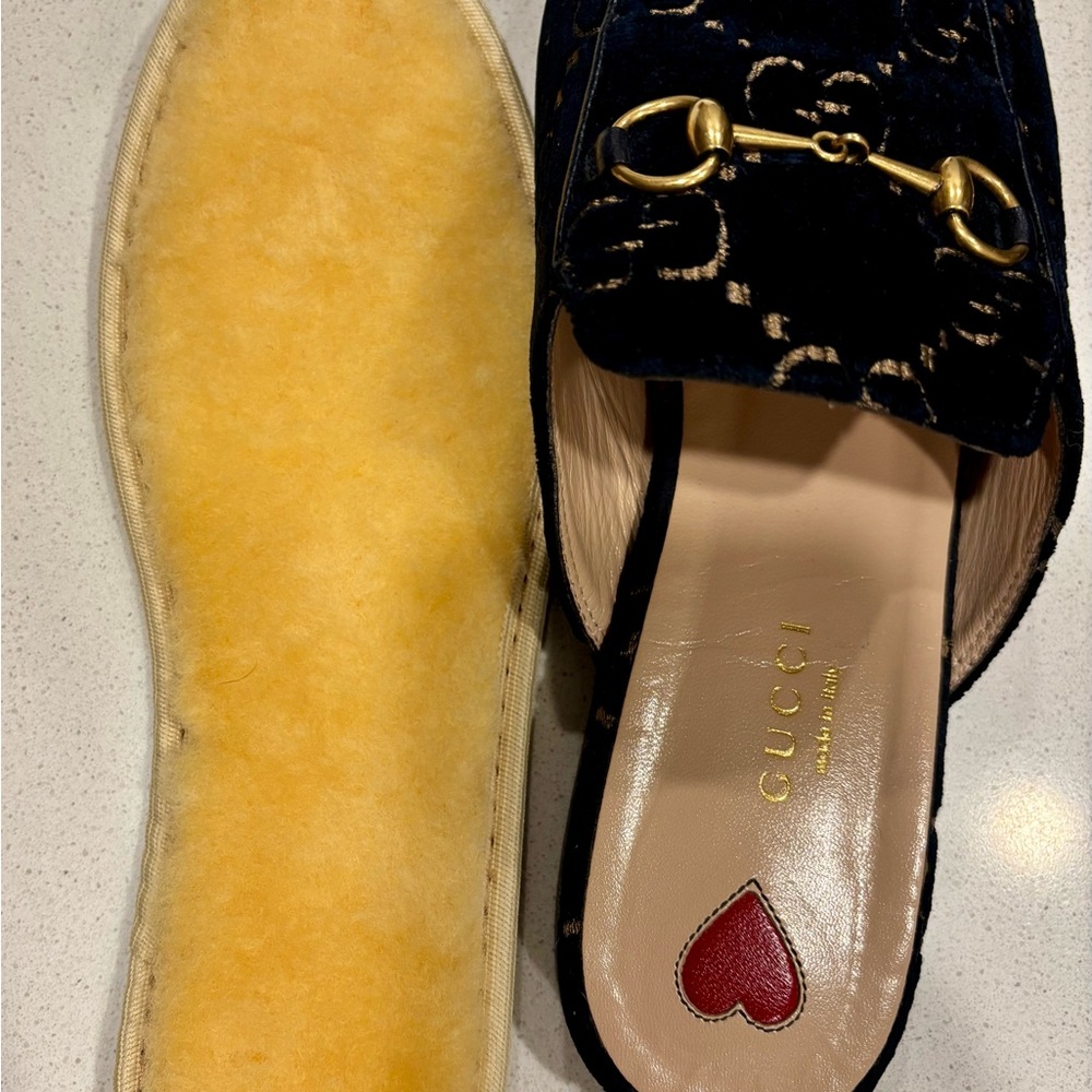 SOLD Gucci Princetown Horsebit Mules Navy Blue GG Logo Velvet Flat Loafers - Picture 10 of 14